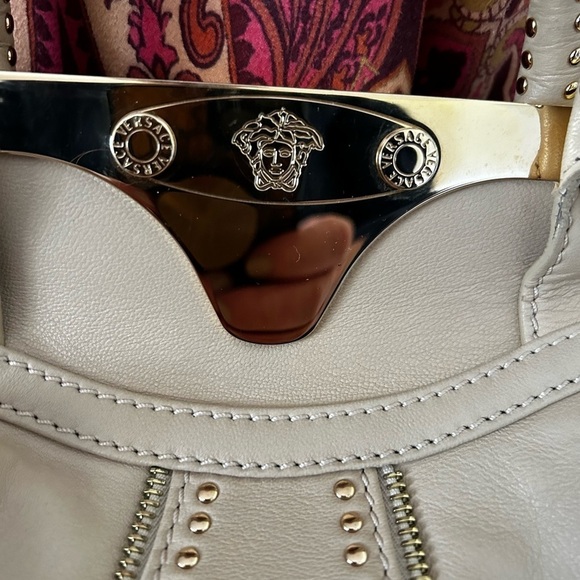 Authentic Versace Beige Leather Studded Frame Satchel with Shoulder Strap - Picture 14 of 16